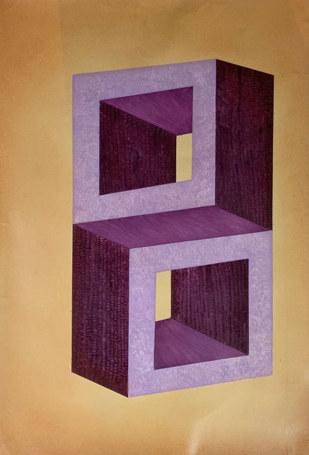 Volume en trompe-l'œil violet sur fond ocre