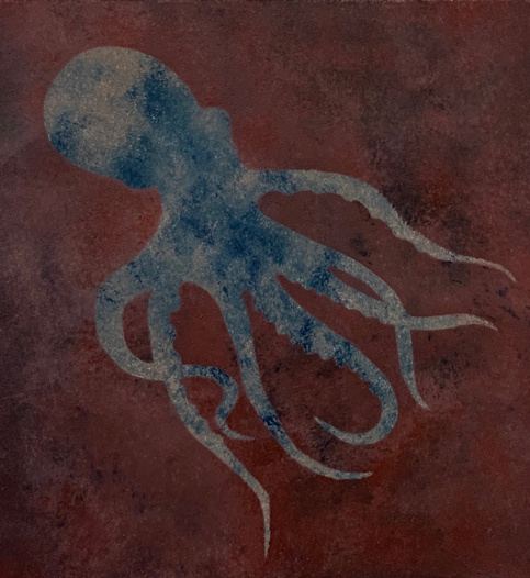 Patine rouge sombre avec motif de pieuvre bleue